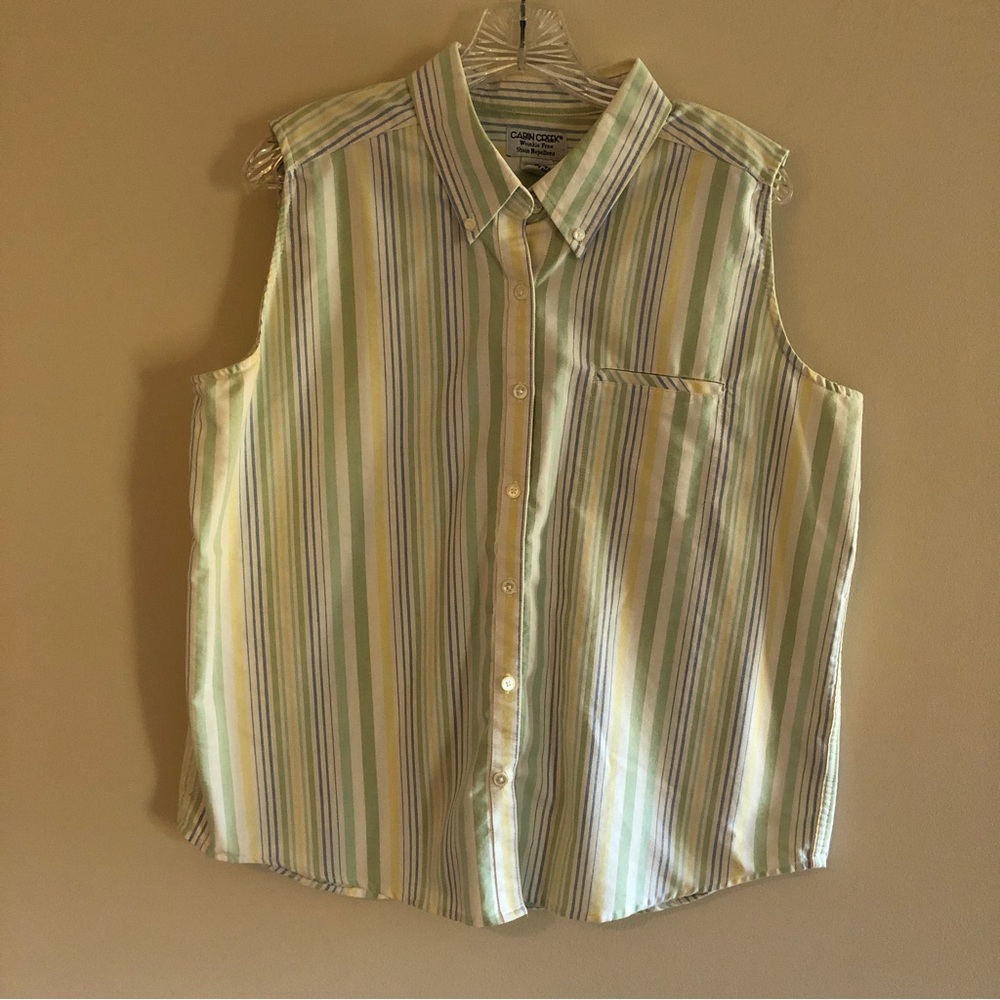 Cabin Creek Sleeveless Button-Down Shirt in Pastel Stripe